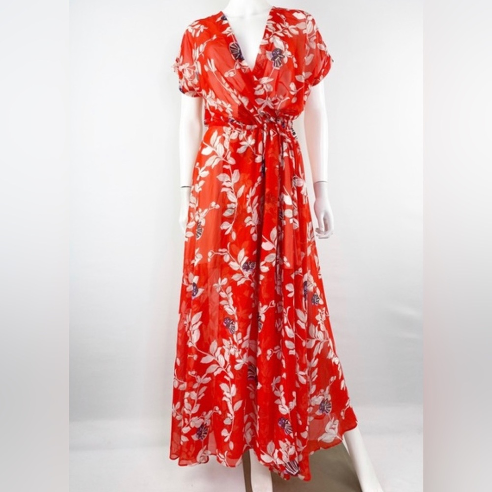Meghan Los Angeles size Large Red Floral short sleeve a V neck Maxi dress